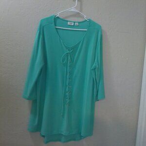 Cato Woman Plus Size 18/20W Lace-Up Tunic Top Aqua 3/4 Sleeve